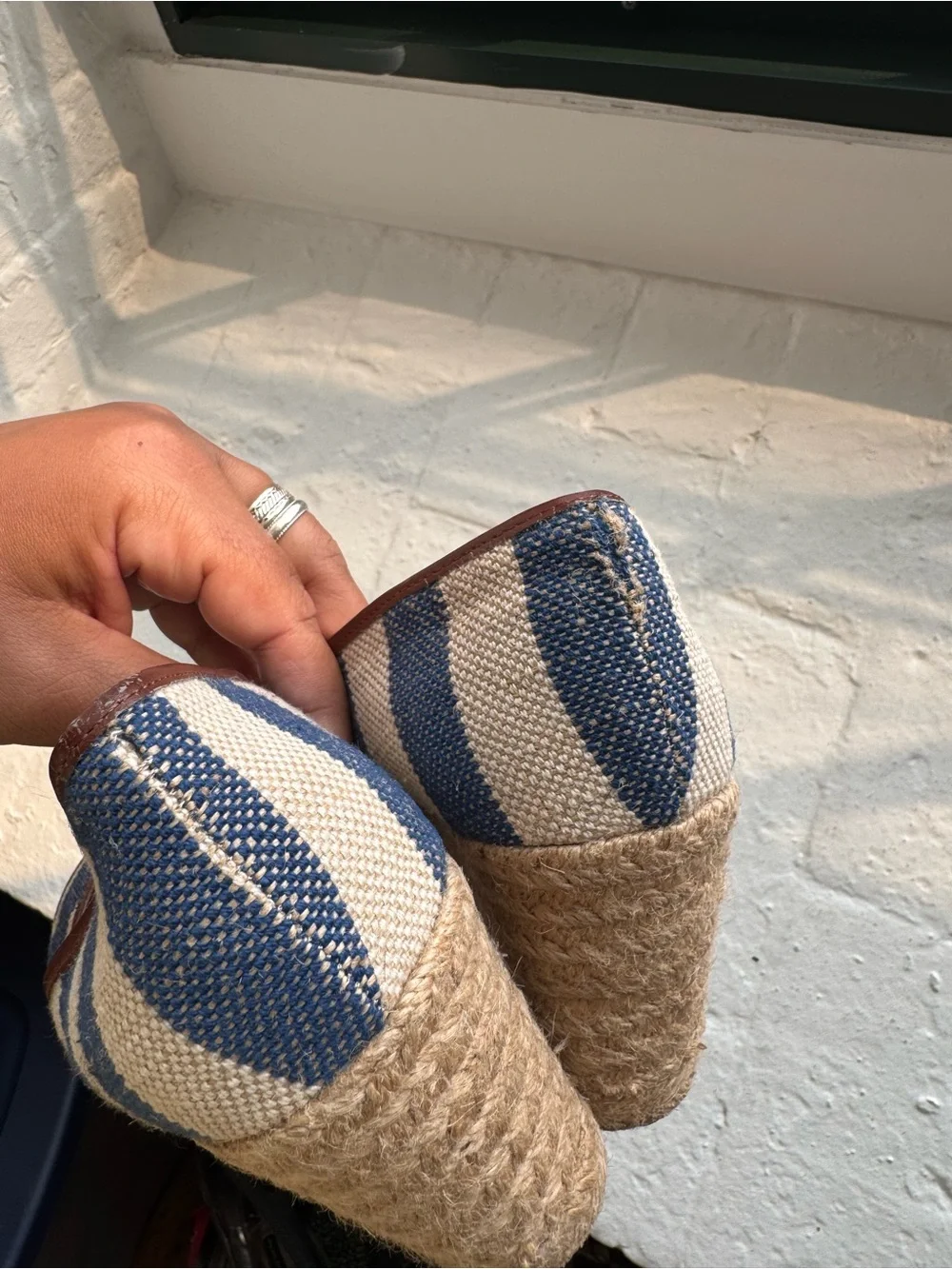 Striped Navy and Cream Espadrille Wedge Peep-Toe Heels
